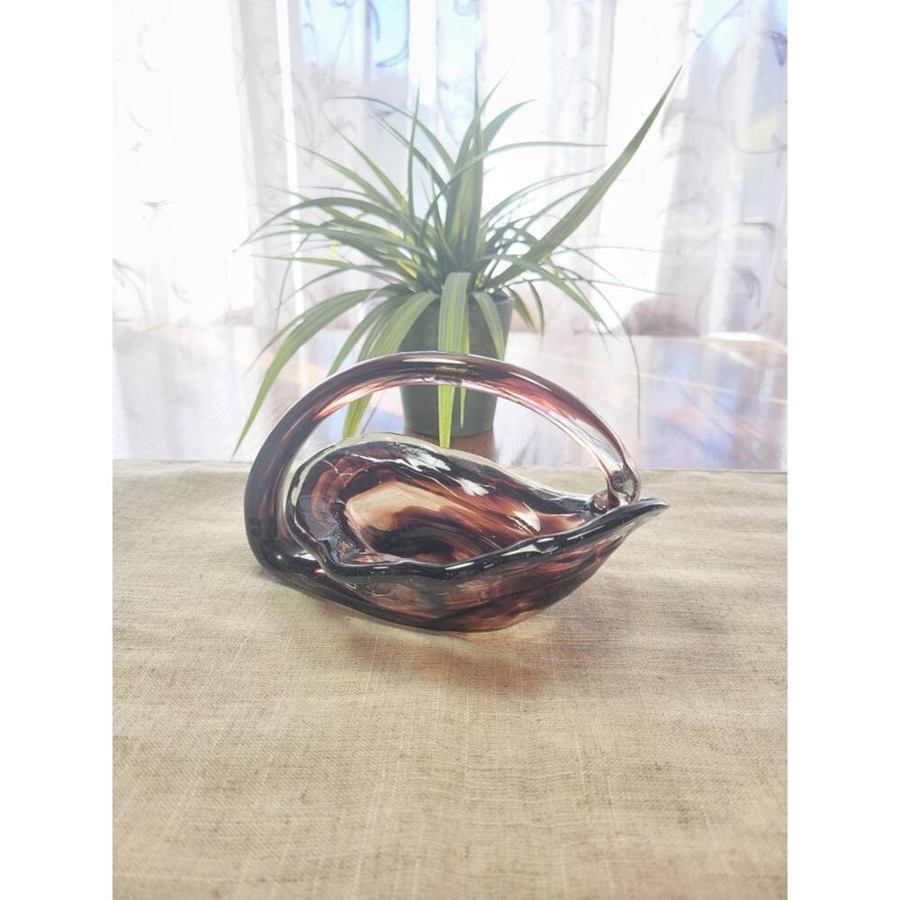 Vintage Cornucopia Basket, Art Glass Murano Style, Candy Dish Hand Blown Bowl
